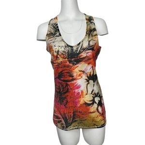 Vintage CACHE Sequin Tank Top Tropic Floral Summer Tee Shirt S